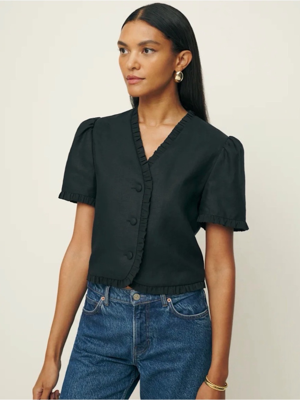 Reformation Bess Linen Black Short Sleeve Ruffle-Trim Blouse